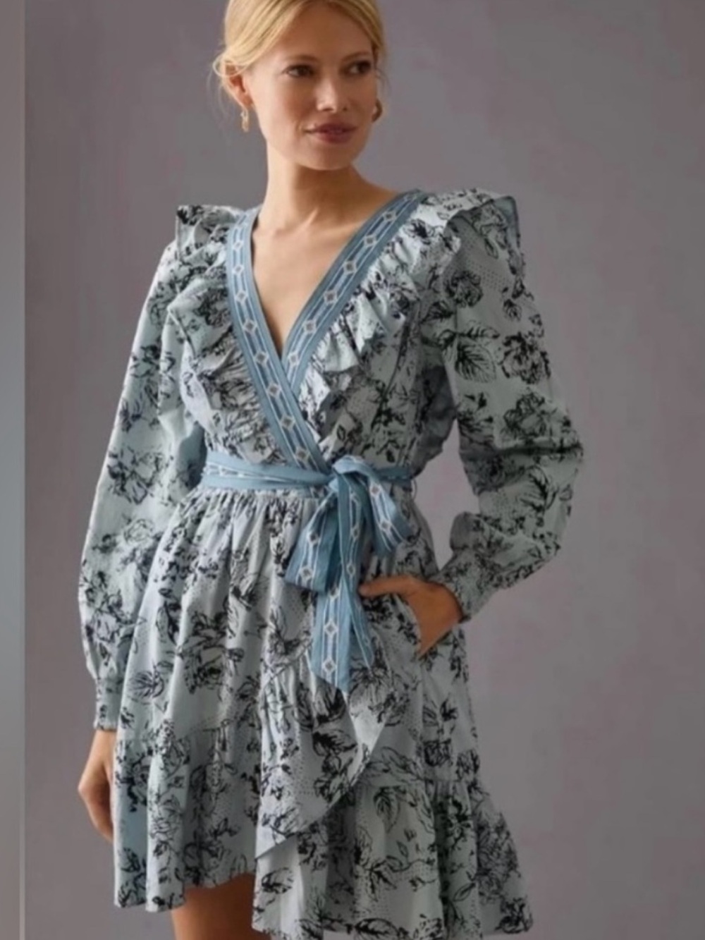 Anthropologie Blue Floral Wrap Ruffle Dress